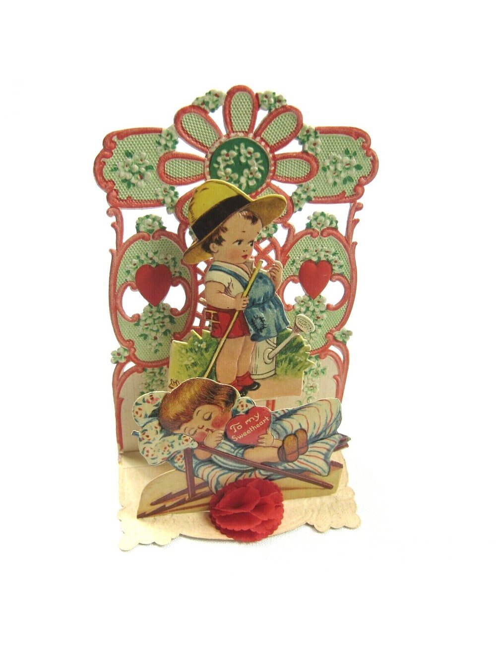 Vintage Valentine Pop Up 3D Die Cut Honeycomb Girl Boy Gardener Germany 1920-30s